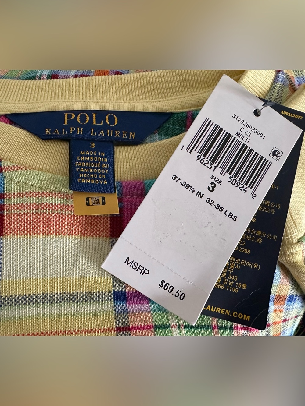 Polo Ralph Lauren Plaid French Terry Sweatshirt toddler girls size 3 NWT - Picture 4 of 6